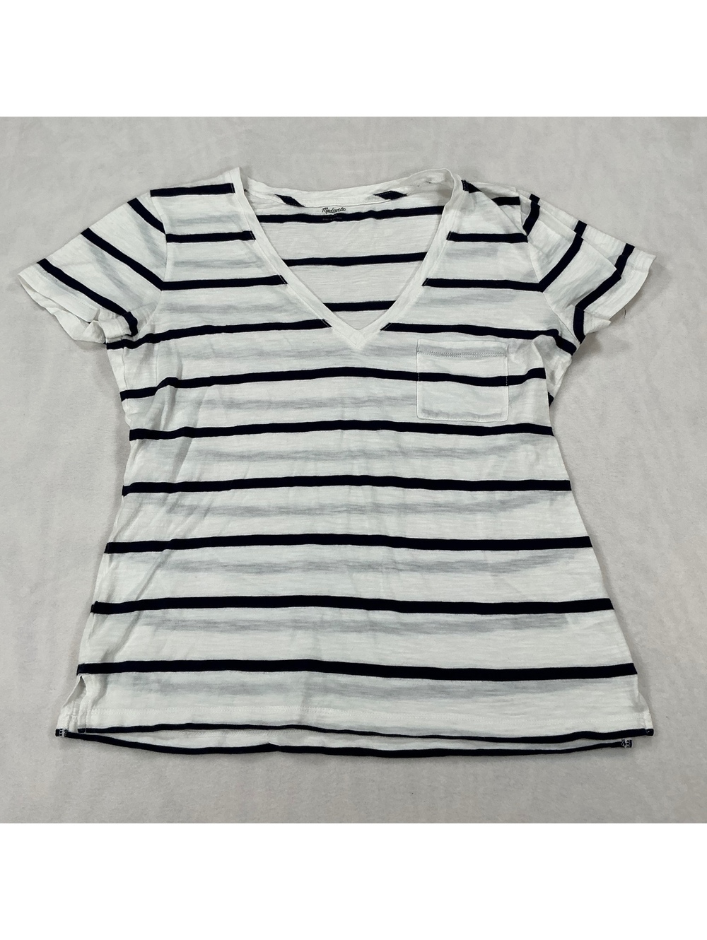 Madewell Medium Striped V Neck Pocket Tee White‎ Navy 100% Cotton Shirt